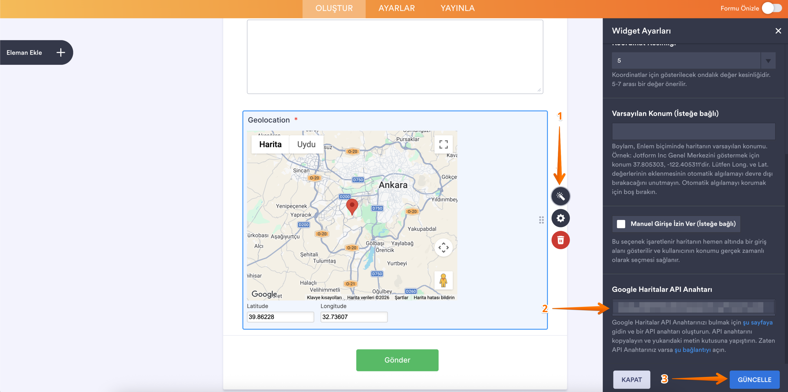 Sağda Google Haritalar API anahtarı alanları