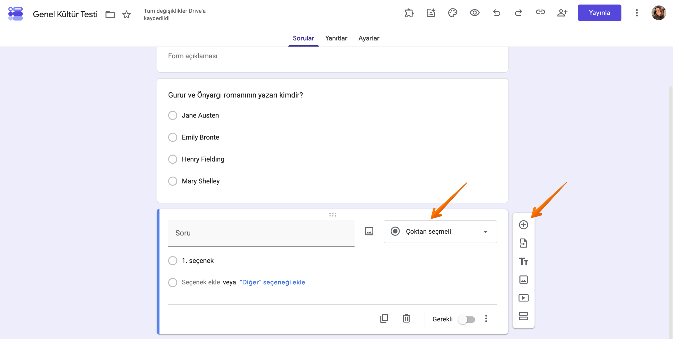 Google Formlar Form Düzenleyici Çoktan Seçmeli Alanı
