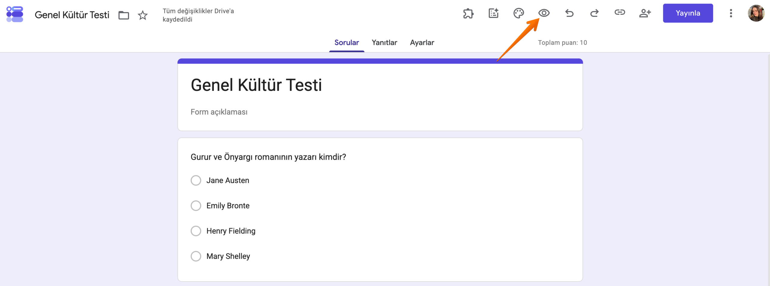 Google Formlar Form Düzenleyici Önizleme Butonu