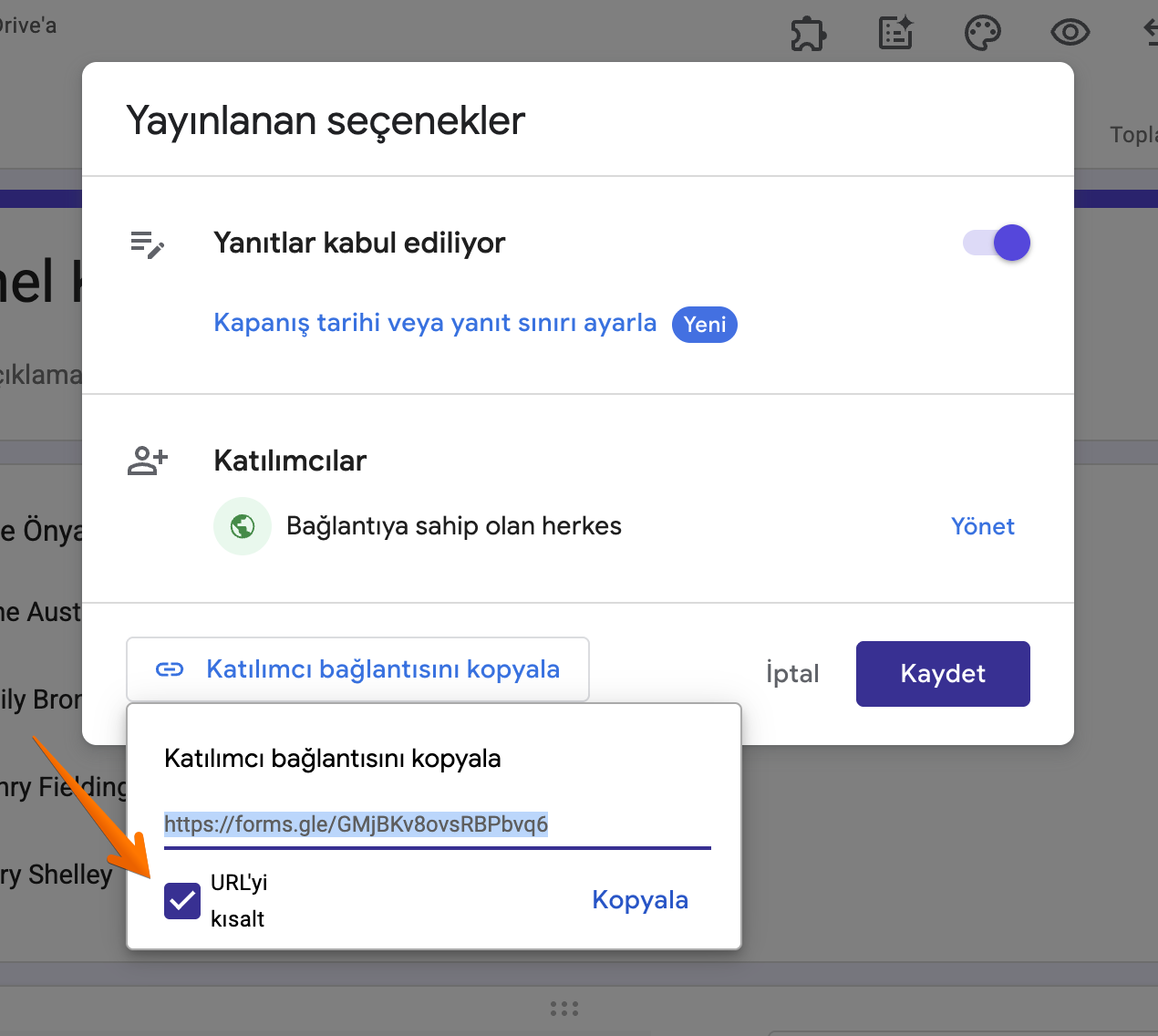 Google Formlar Paylaş ve Yayınla Sekmesi