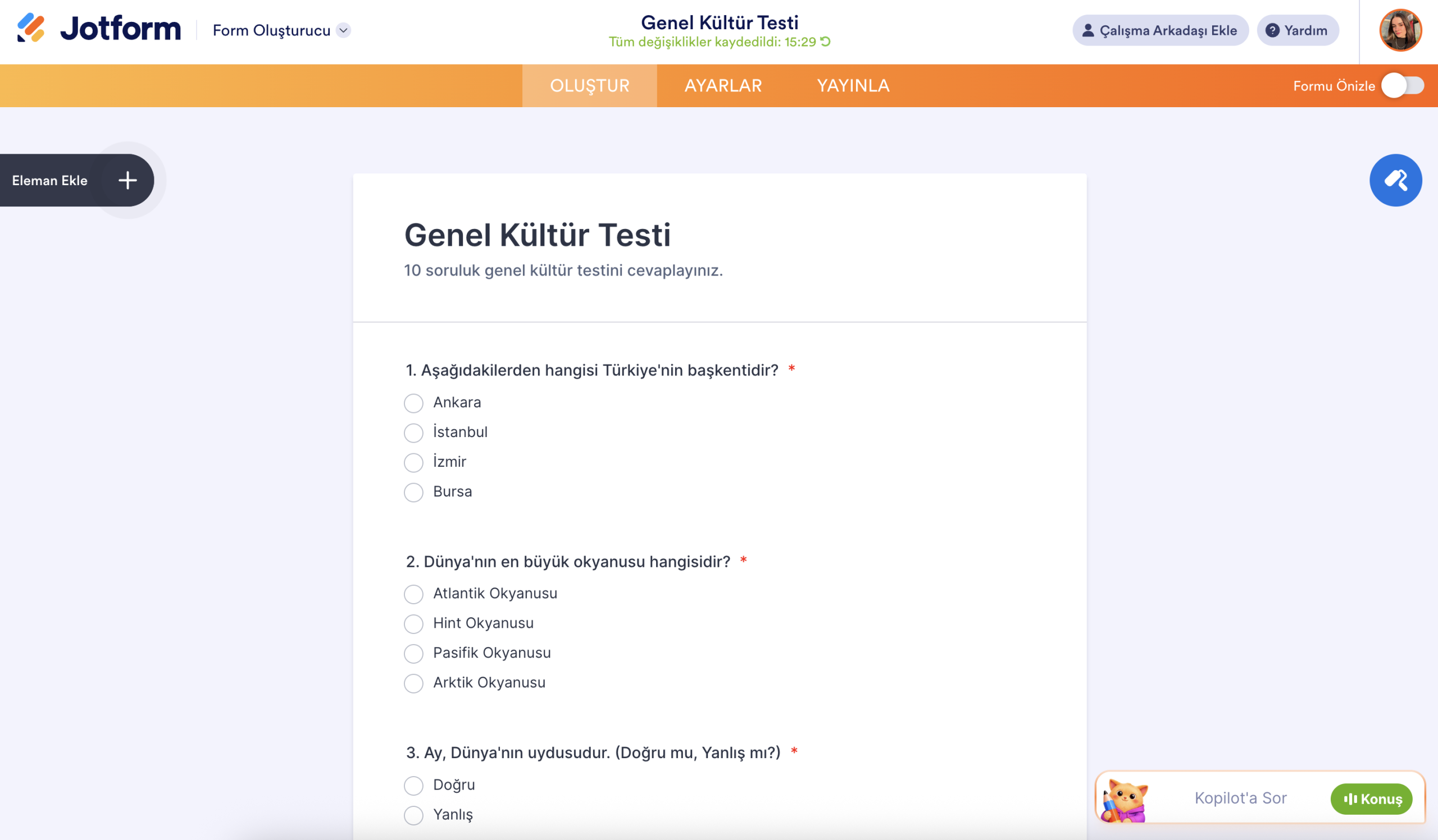 Jotform Form Oluşturucu Yapay Zeka Tarafından Oluşturulan Test