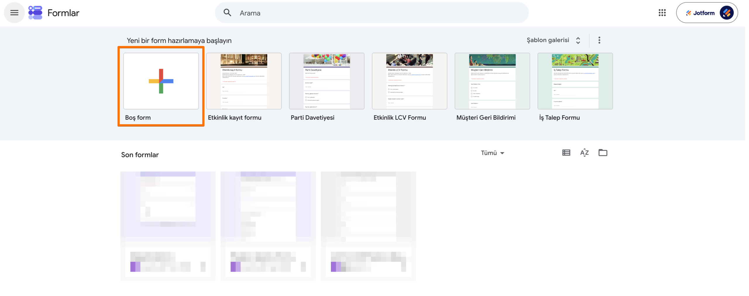 Google Formlar Yeni form başlat Boş form seçeneği