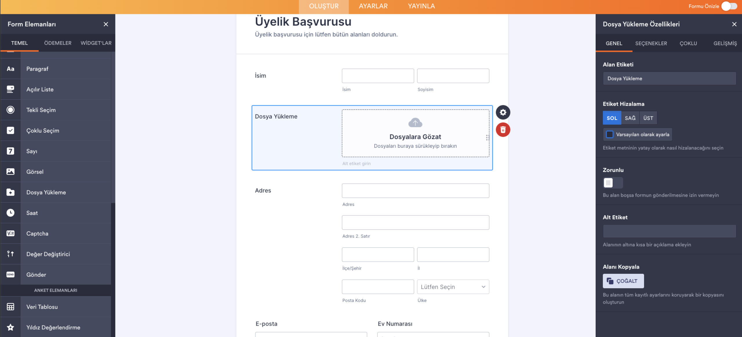 Jotform Form Oluşturucu Dosya Yükleme Alanı Özellikler Menüsü