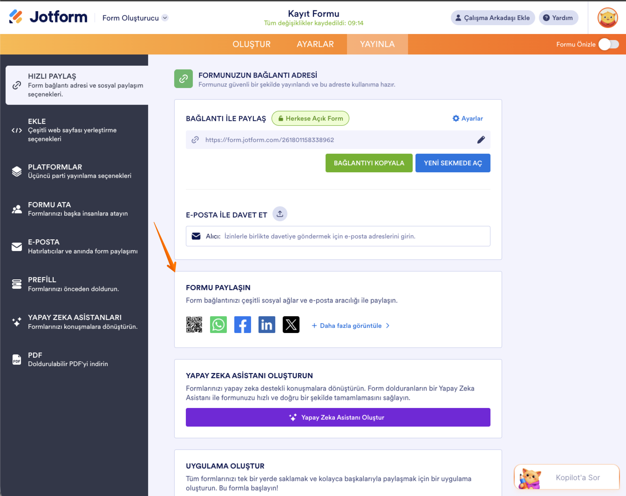 Jotform Form Oluşturucu Yayınla Sekmesi