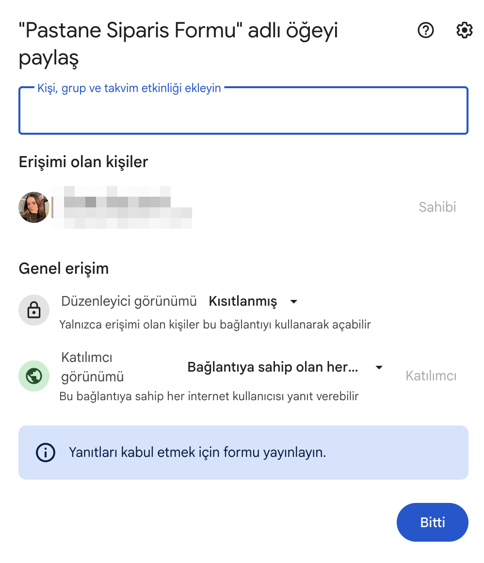Pastane Sipariş Formu’na ortak çalışan ekleme penceresi