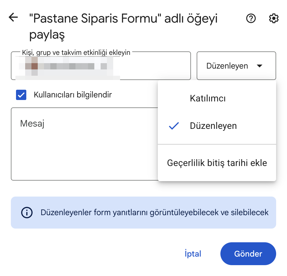 Ortak çalışanlar için Görüntüleyen ve Düzenleyen erişim seçeneklerini gösteren izin menüsü