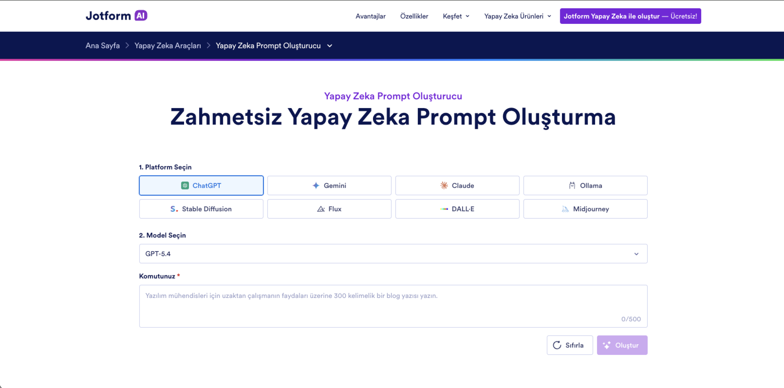 Jotform Yapay Zeka Prompt Oluşturucu ana sayfasının ekran görüntüsü