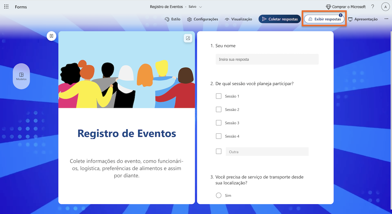 Interface do Microsoft Forms com o botão "Exibir respostas" no canto superior direito destacado