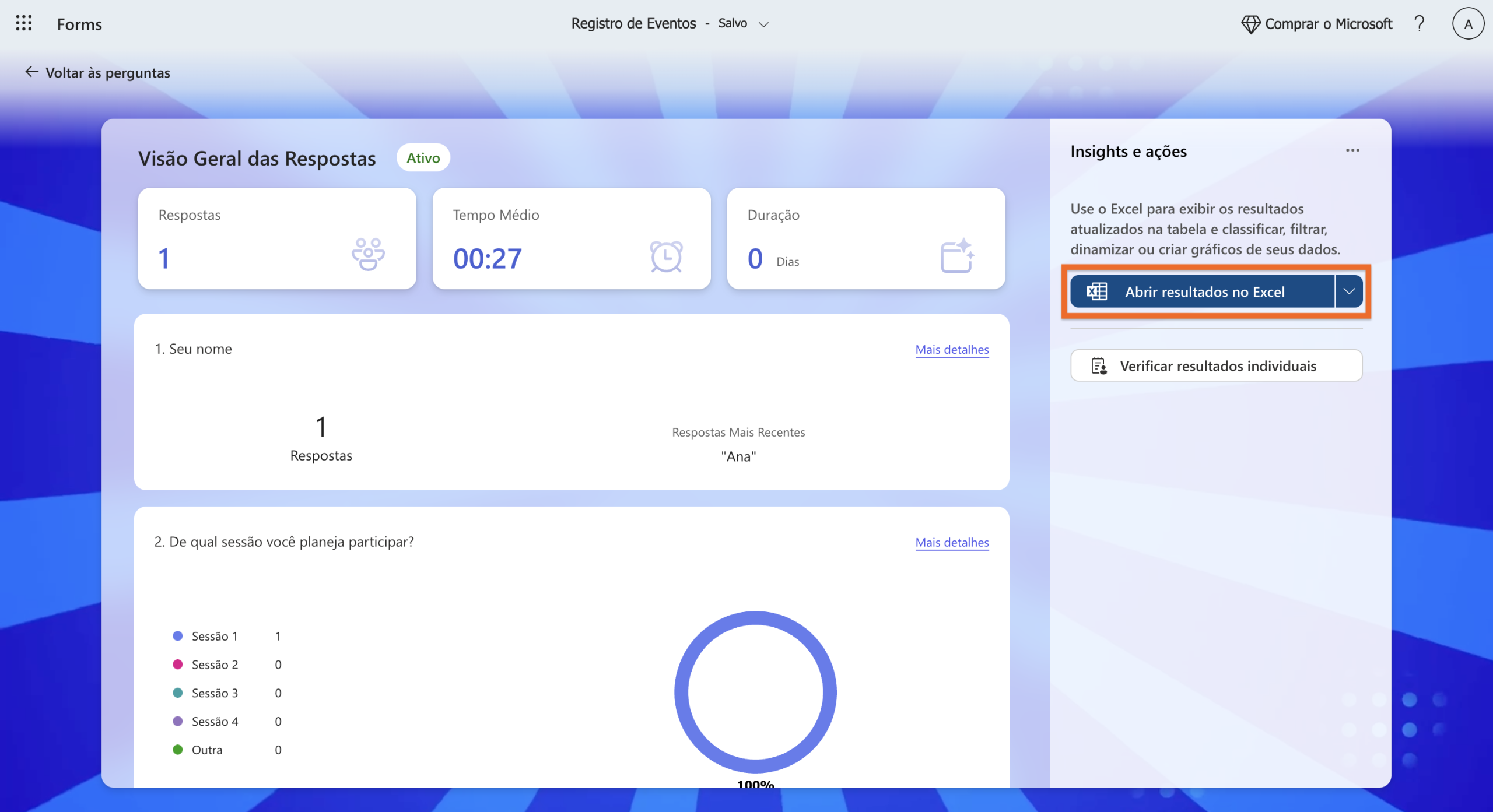 Interface do Microsoft Forms com o botão "Abrir resultados no Excel" na barra lateral "Insights e ações" destacado