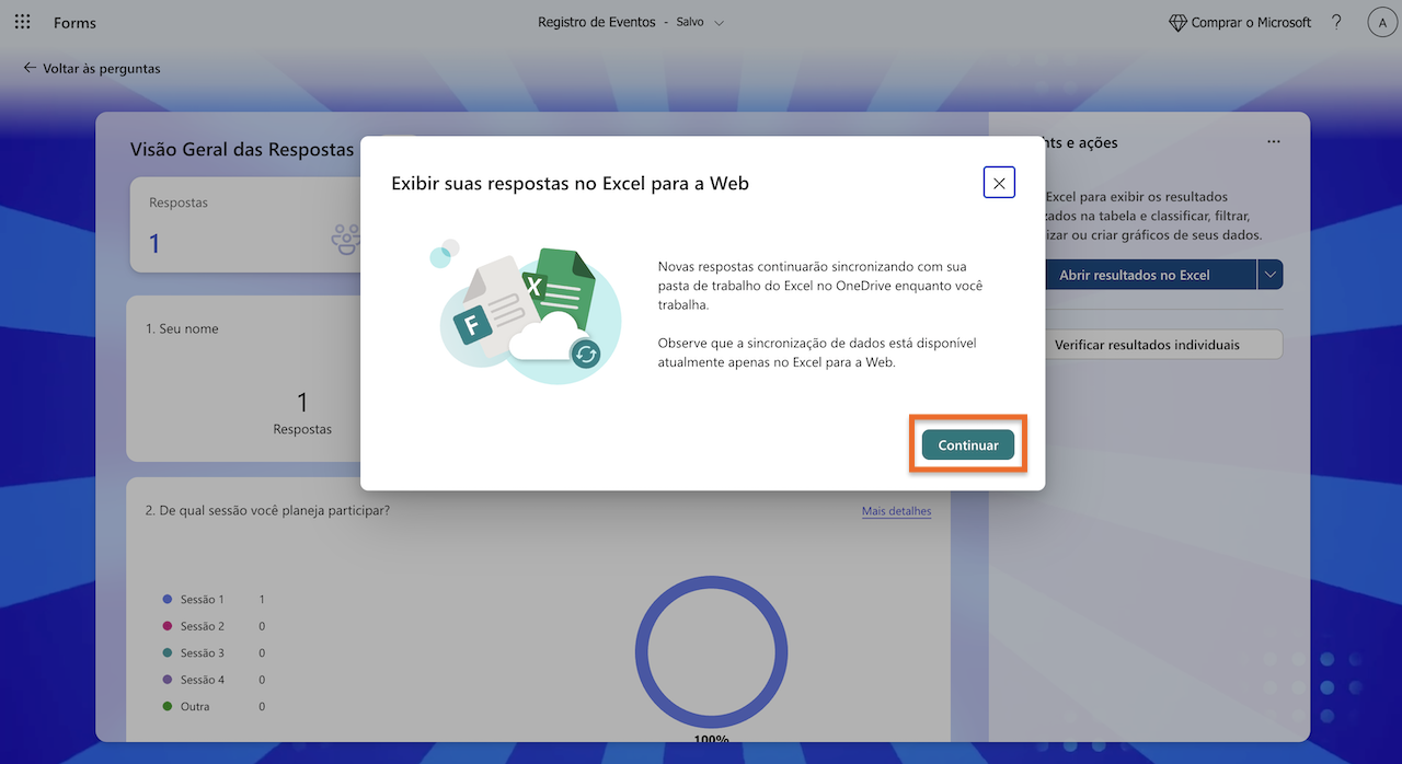 Interface do Microsoft Forms com o botão "Continuar" no pop-up destacado
