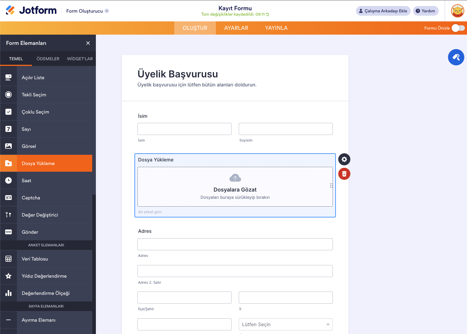 Jotform Form Oluşturucu Dosya Yükleme Elemanı