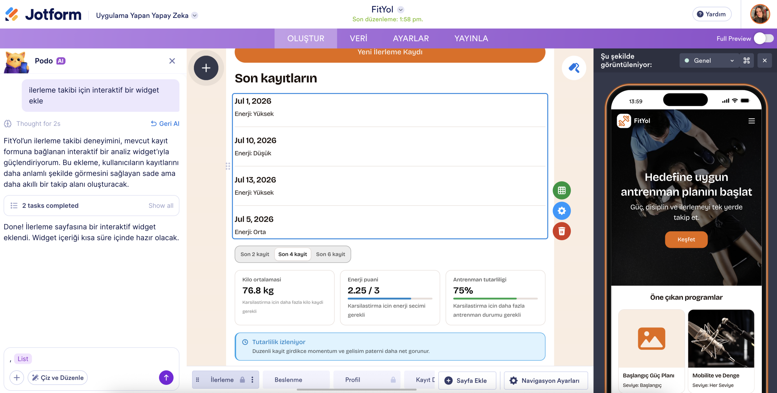Uygulamaya dinamik bir widget ekleyen Jotform Yapay Zeka ile yapılan konuşmayı görüntüleme