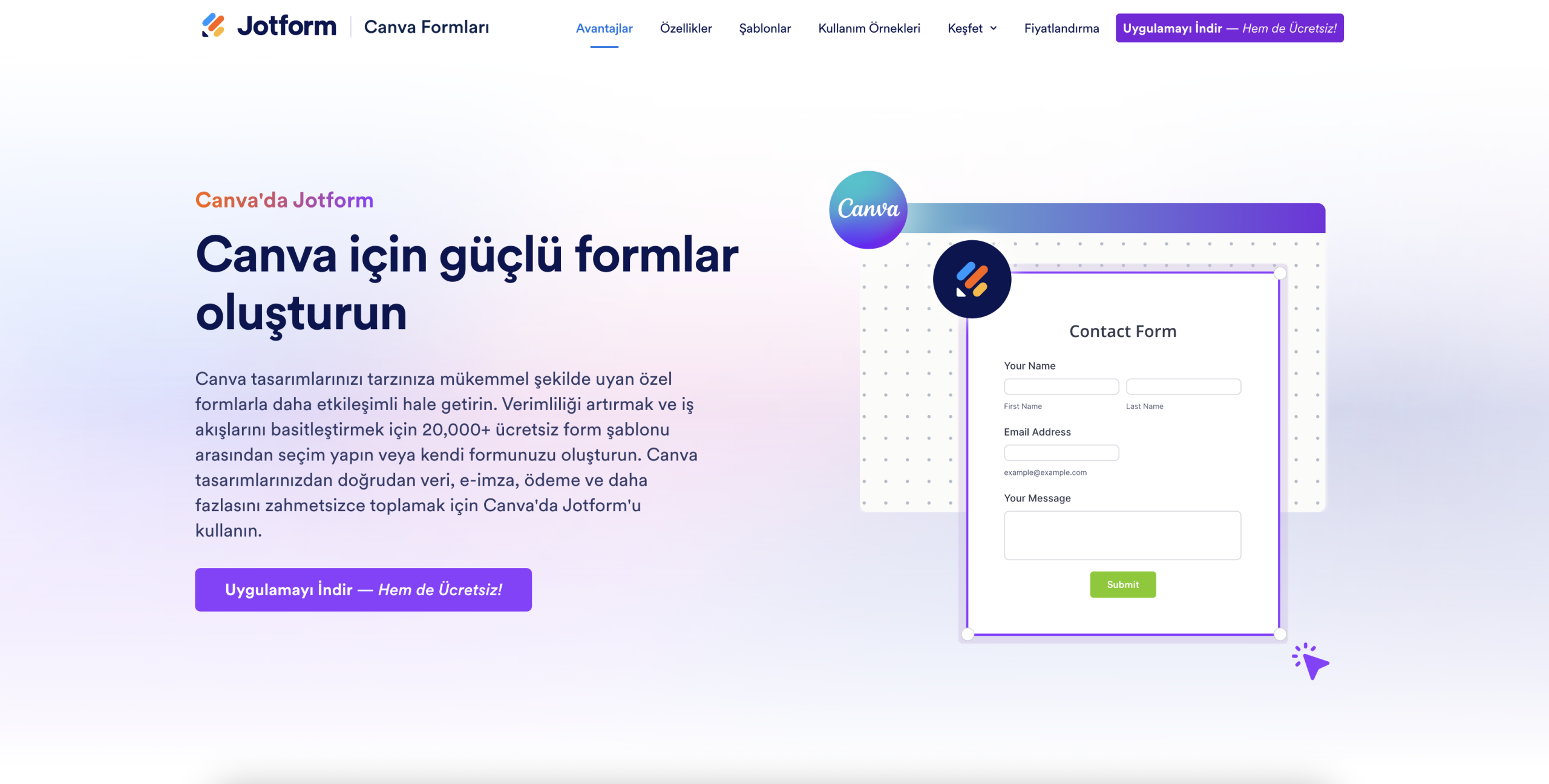 Canva'da Jotform açılış sayfasının ekran görüntüsü