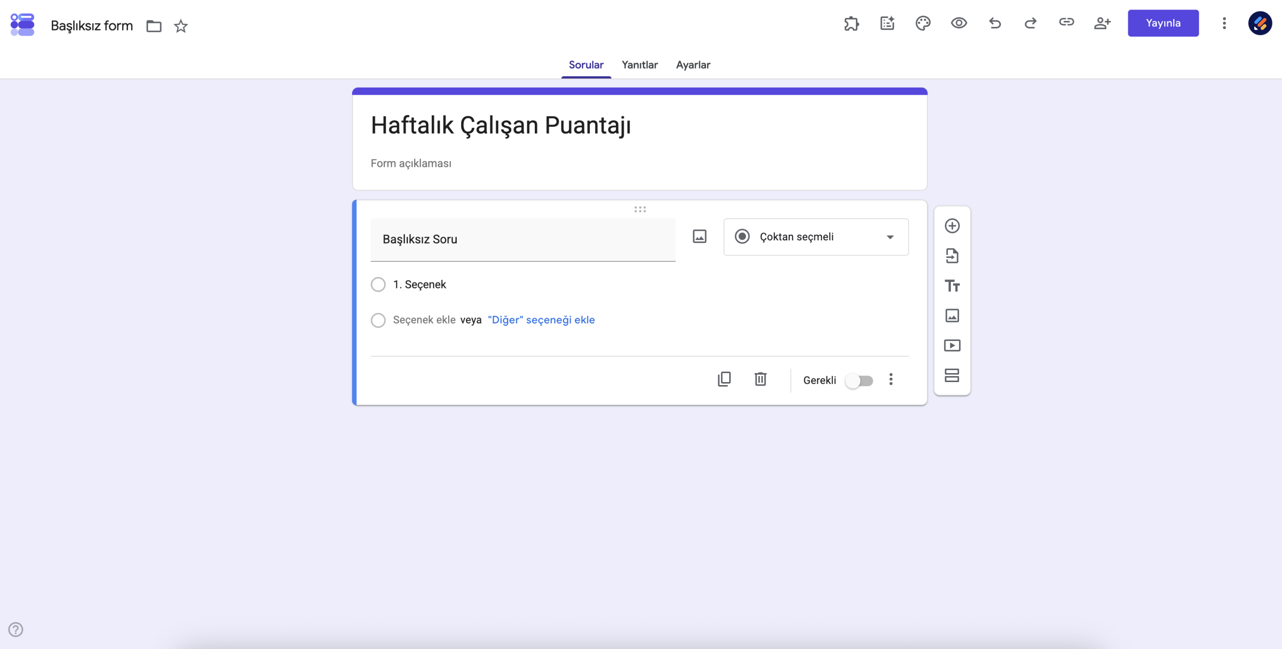 "Haftalık Çalışan Puantajı" başlıklı boş bir puantaj