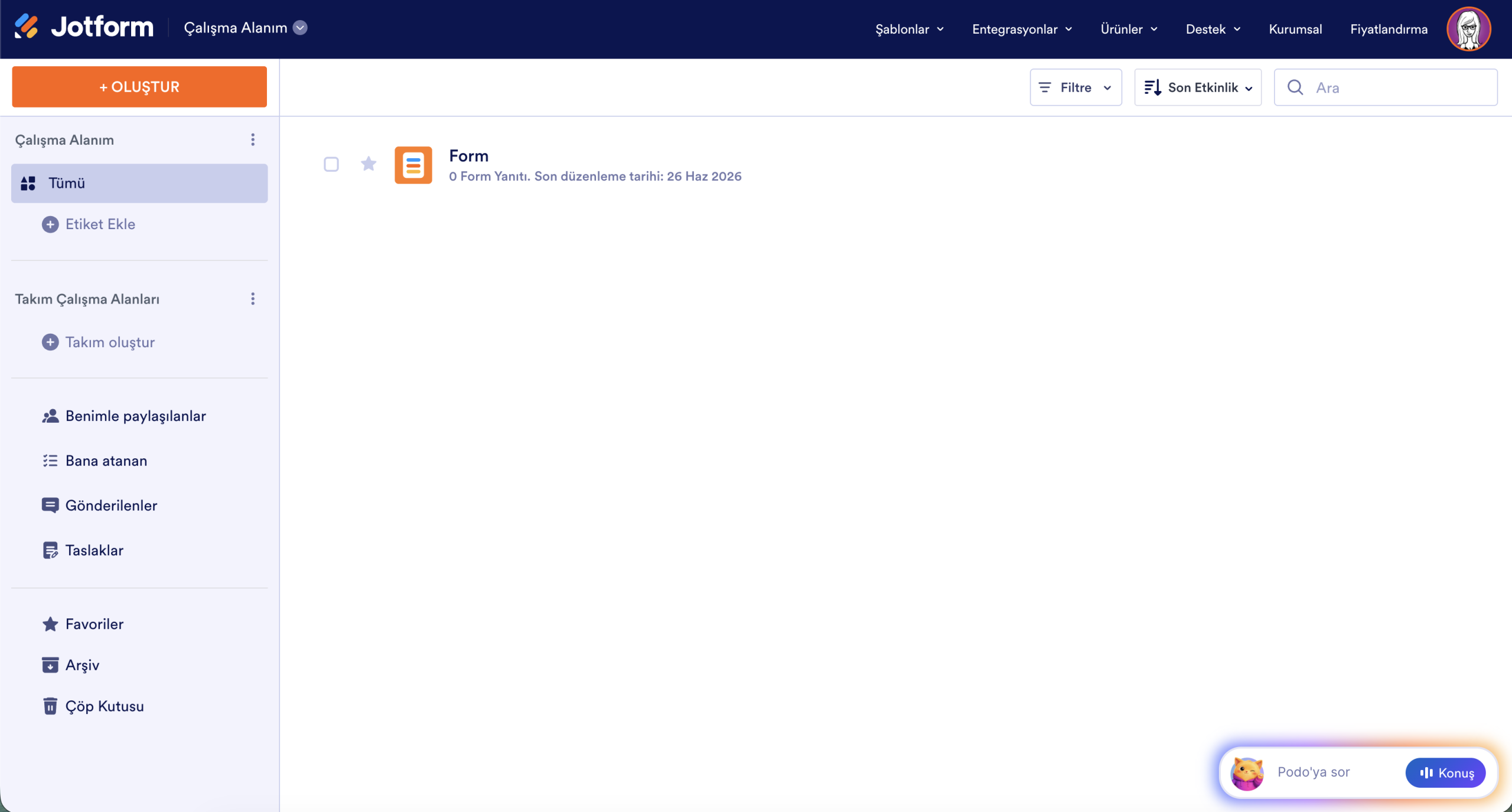 Jotform Çalışma Alanım Sayfası