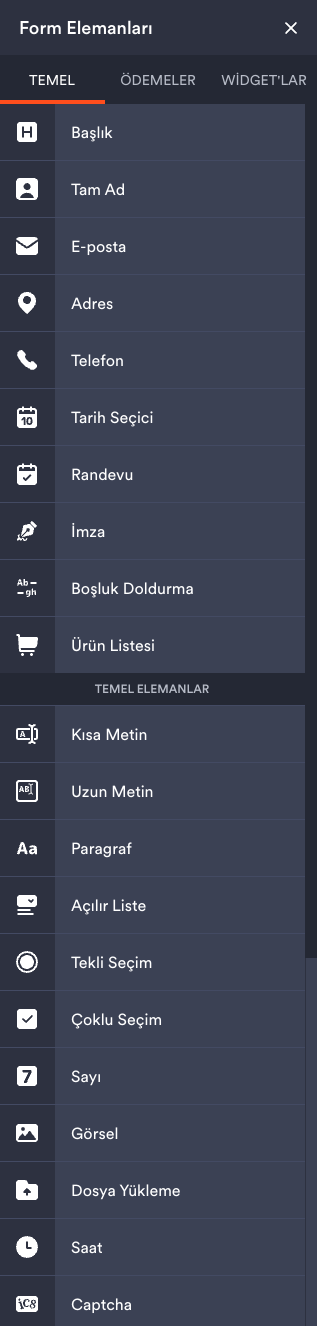 Form Oluşturucu Form Elemanları Menüsü
