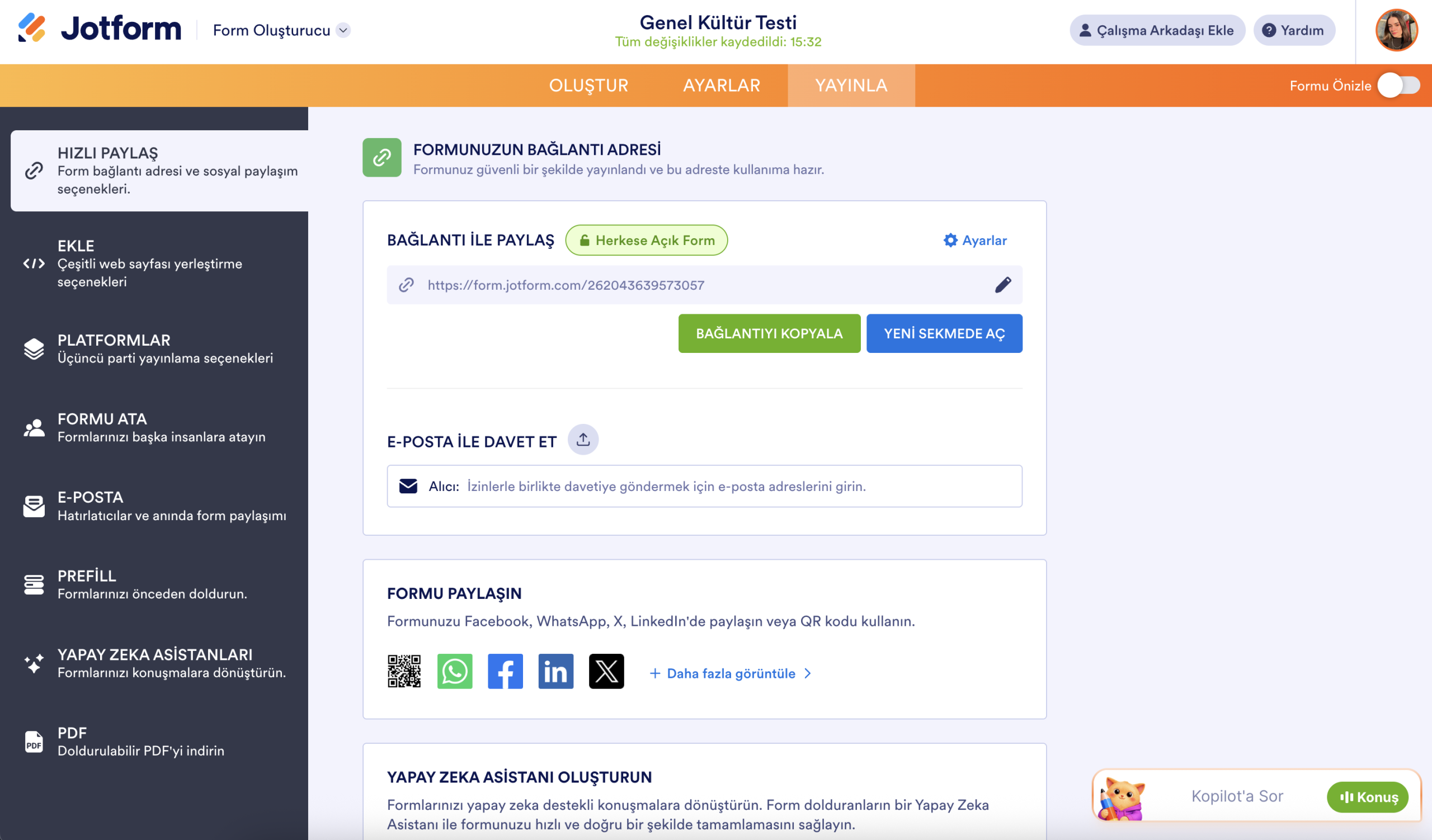 Jotform Form Oluşturucu Yayınla Sekmesi