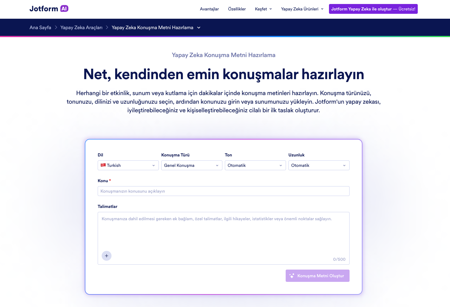 Jotform Yapay Zeka Konuşma Metni Oluşturucu açılış sayfasının ekran görüntüsü, "Net, kendinden emin konuşmalar hazırlayın" başlığını gösteriyor