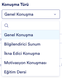 Birden fazla konuşma kategorisi seçeneğiyle konuşma türü açılır menüsü