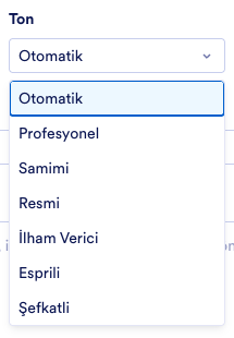 Yazma stili seçenekleriyle ton seçimi açılır menüsü