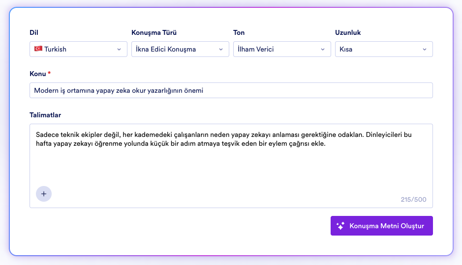 Dil, konuşma türü, ton, konu ve talimatlar için alanlar içeren konuşma oluşturucu formu