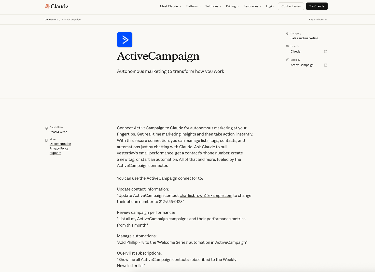 interface of activecampaign connector for Claude
