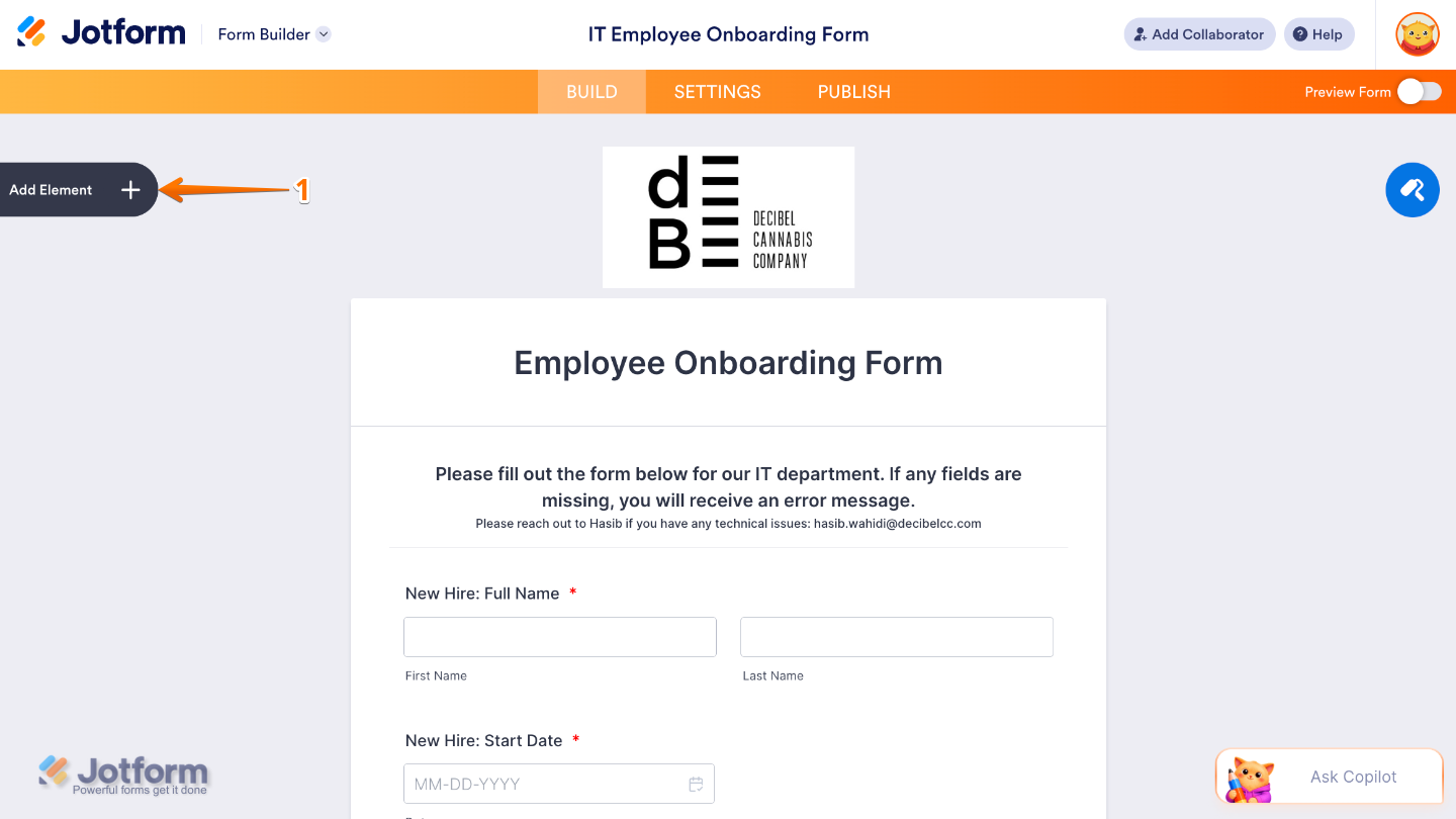 Form Builder interface showing the Add Element button on the left side of the page