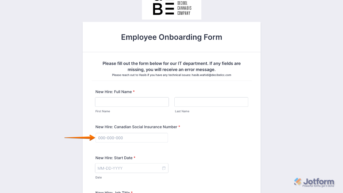 Form displaying the Canadian SIN Validator widget validating a Social Insurance Number entered by a user