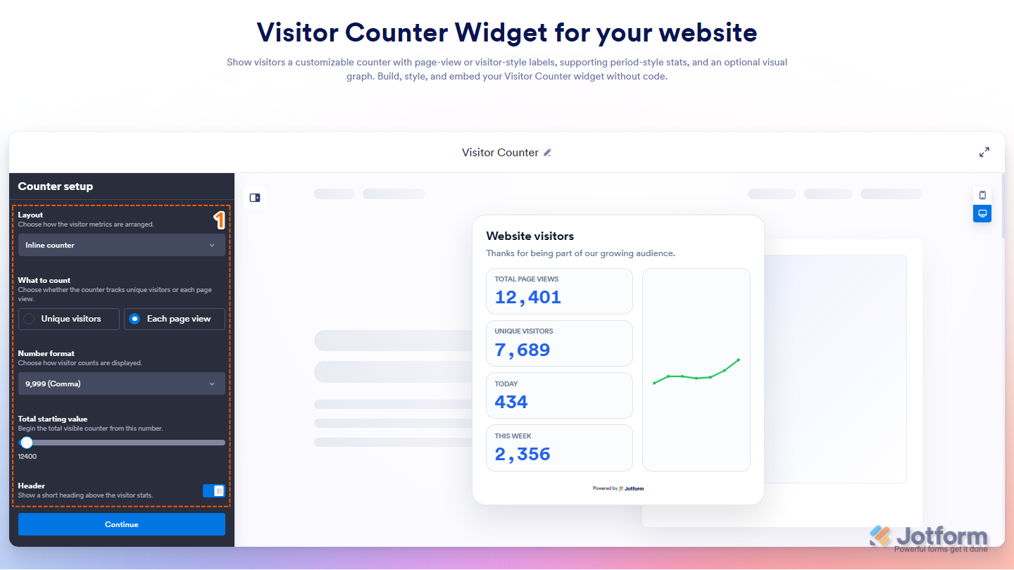Jotform Add Visitor Counter Widget page showing the Counter Setup panel with settings for Layout, What to Count, Number Format, Total Starting Value, and Header to customize the visitor counter display