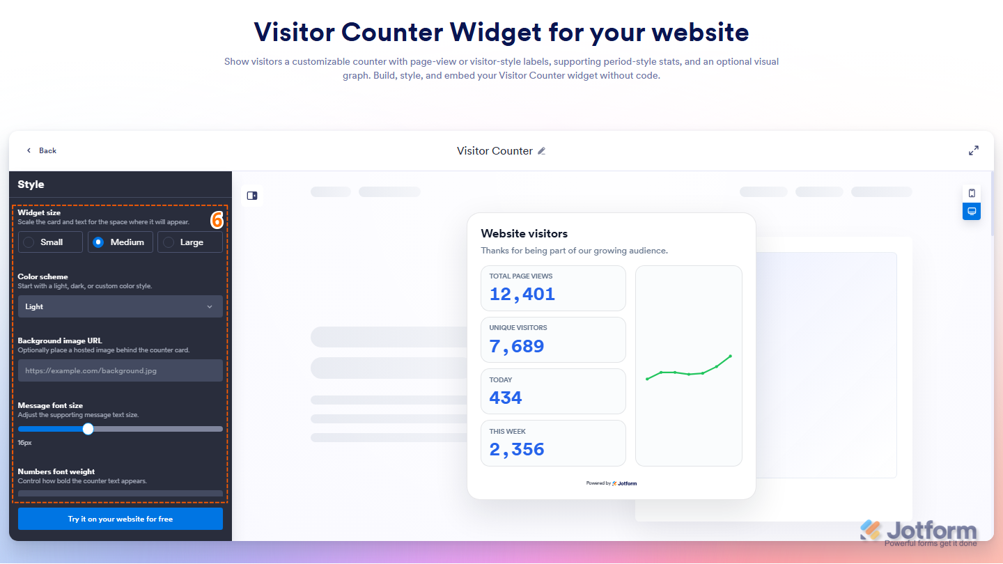Jotform Add Visitor Counter Widget page showing appearance settings for Widget Size, Color Scheme, Background Image URL, Message Font Size, and Numbers Font Weight to customize the widget’s design