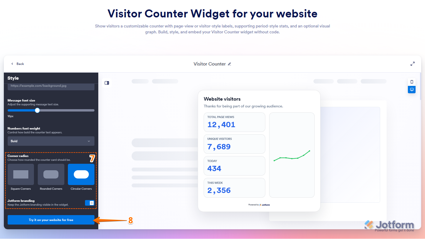 Jotform Add Visitor Counter Widget page showing appearance settings for Corner Radius and Jotform Branding, with the Try it on Your Website for Free button ready to publish the configured widget