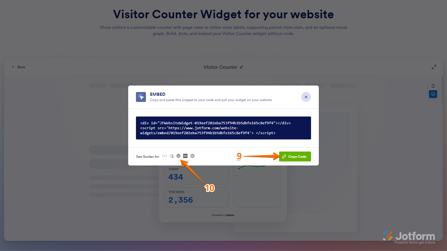 Jotform Embed window showing the Copy Code button for copying the visitor counter embed code, with platform icons available for viewing website-specific embedding instructions