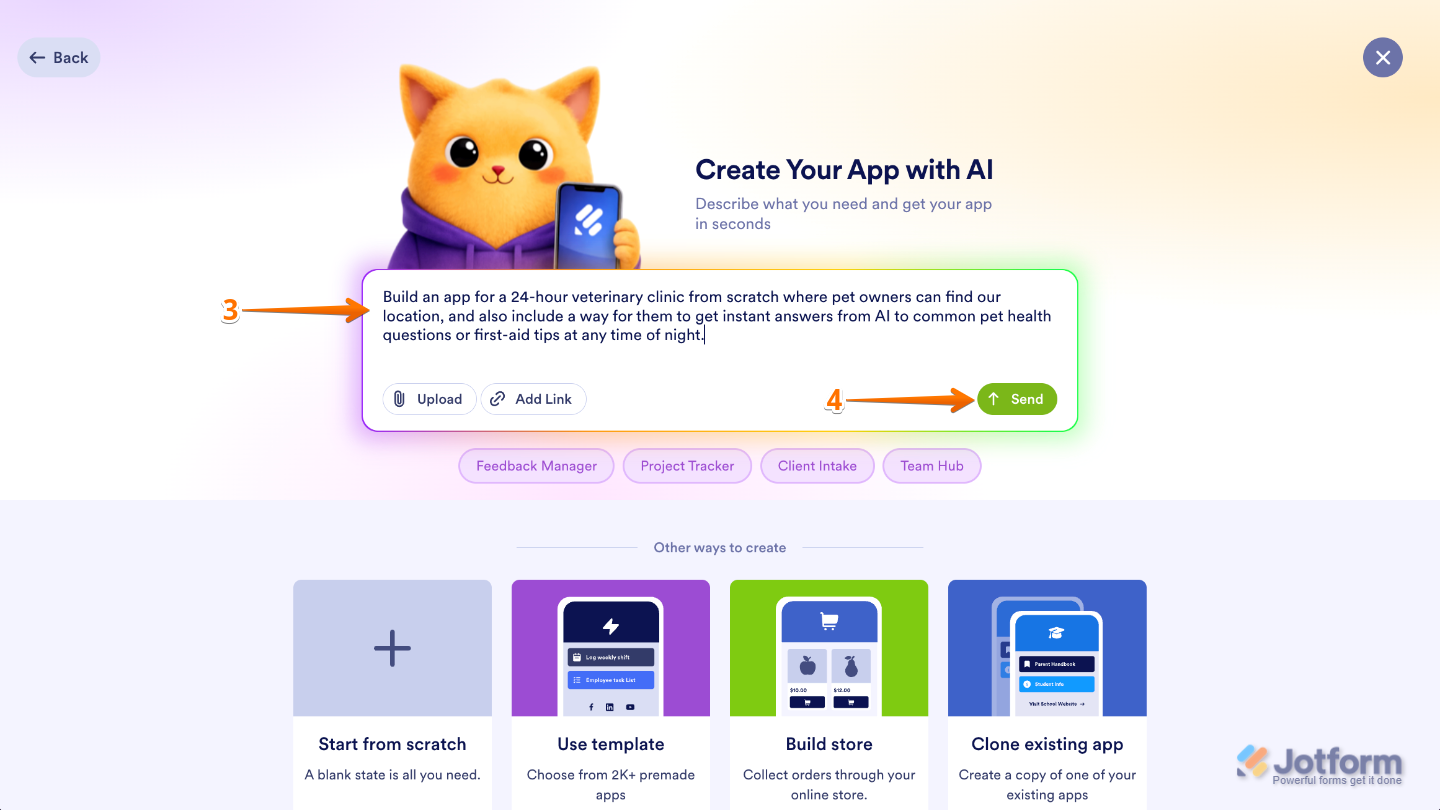 Create Your App with AI screen showing a text box for entering an app description and AI chatbot prompt examples