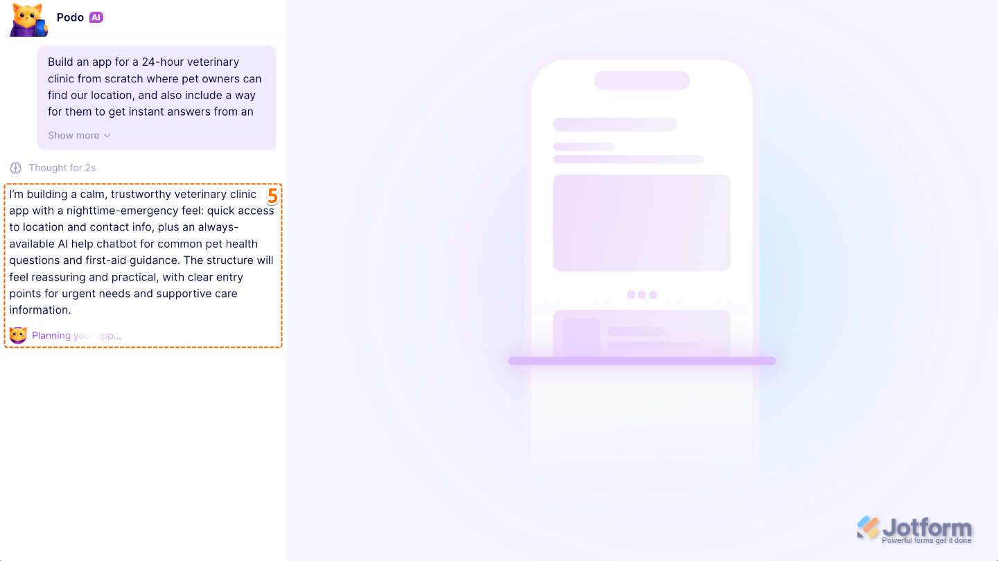 AI processing an app creation request and generating a customized app based on user description input