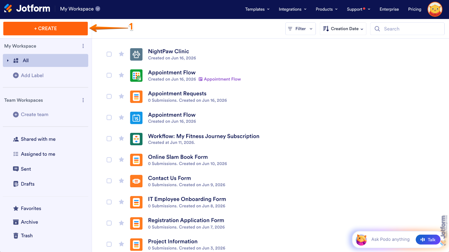 Workspace page showing the Create button located on the top-left side of the screen