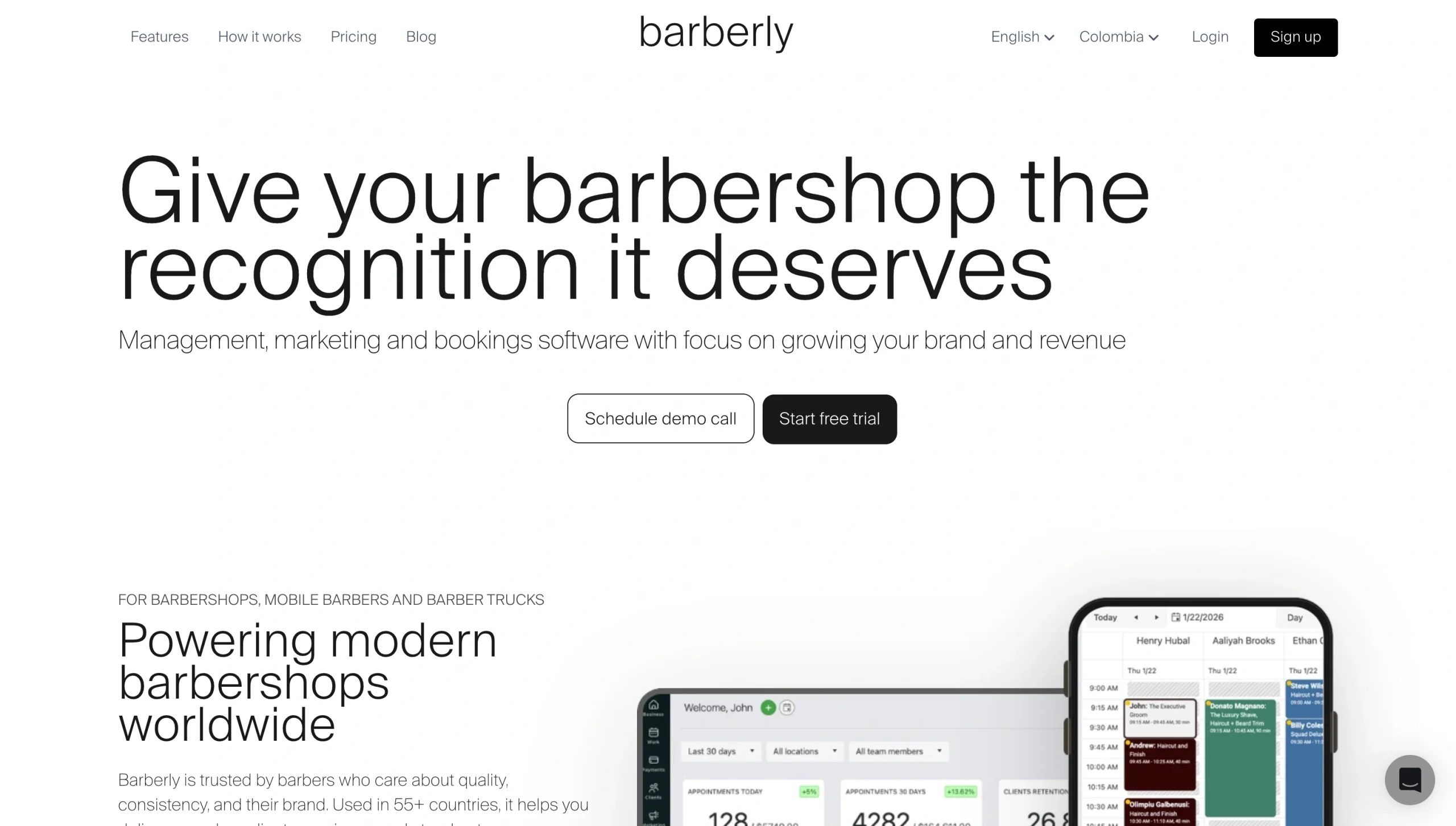 Screenshot of the Barberly landing page, showing a headline "Give your barbershop the recognition it deserves"