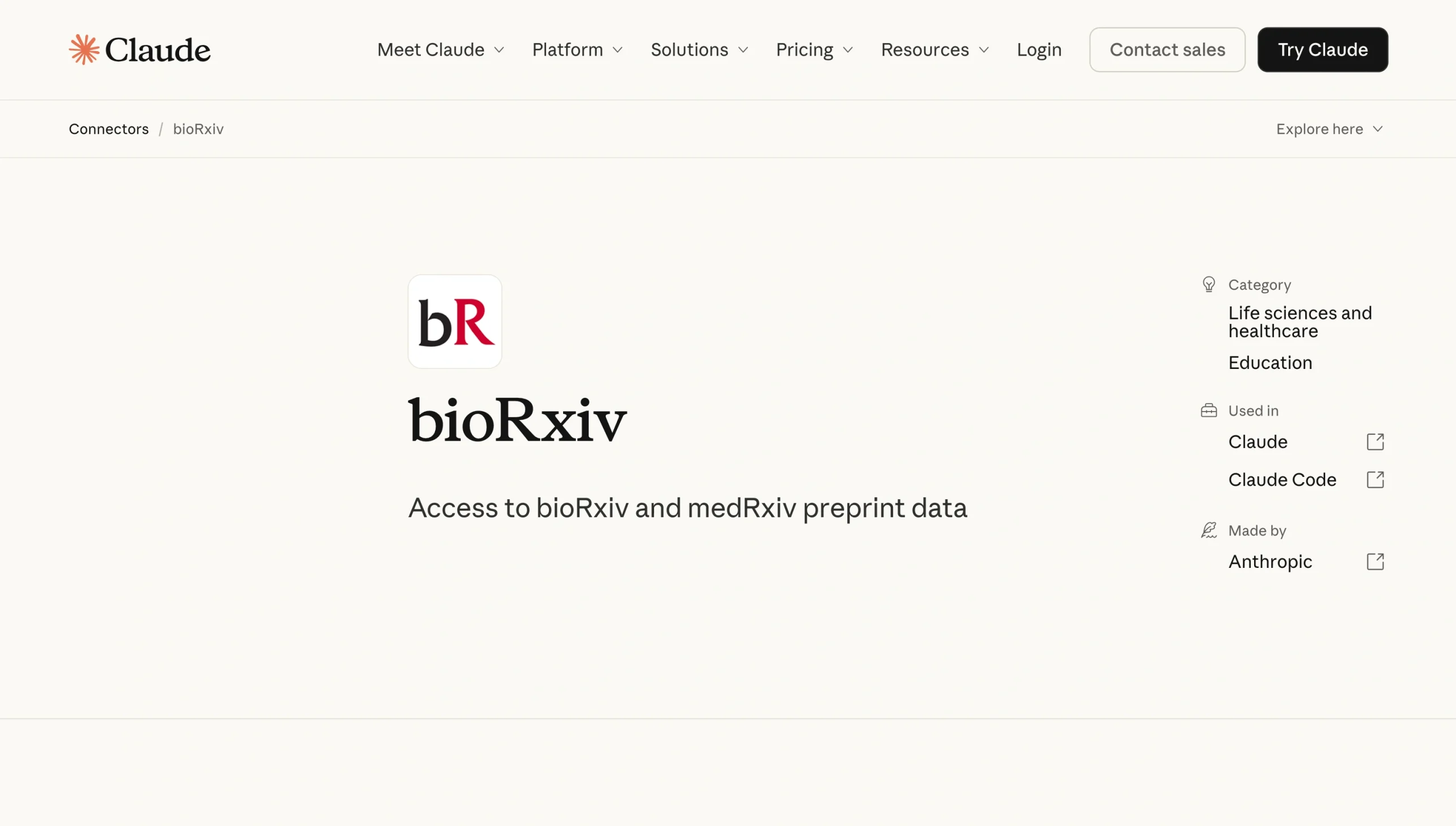 Screenshot of the bioRxiv Claude Connector landing page
