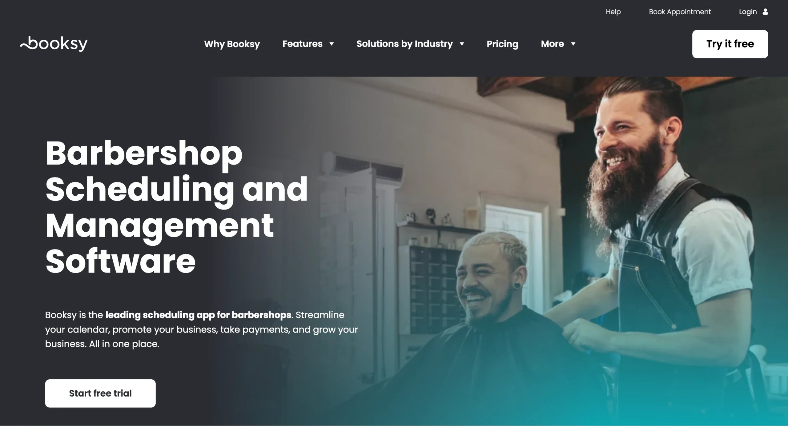 Screenshot of the Booksy landing page, showing a headline "Barbershop scheduling and management software"