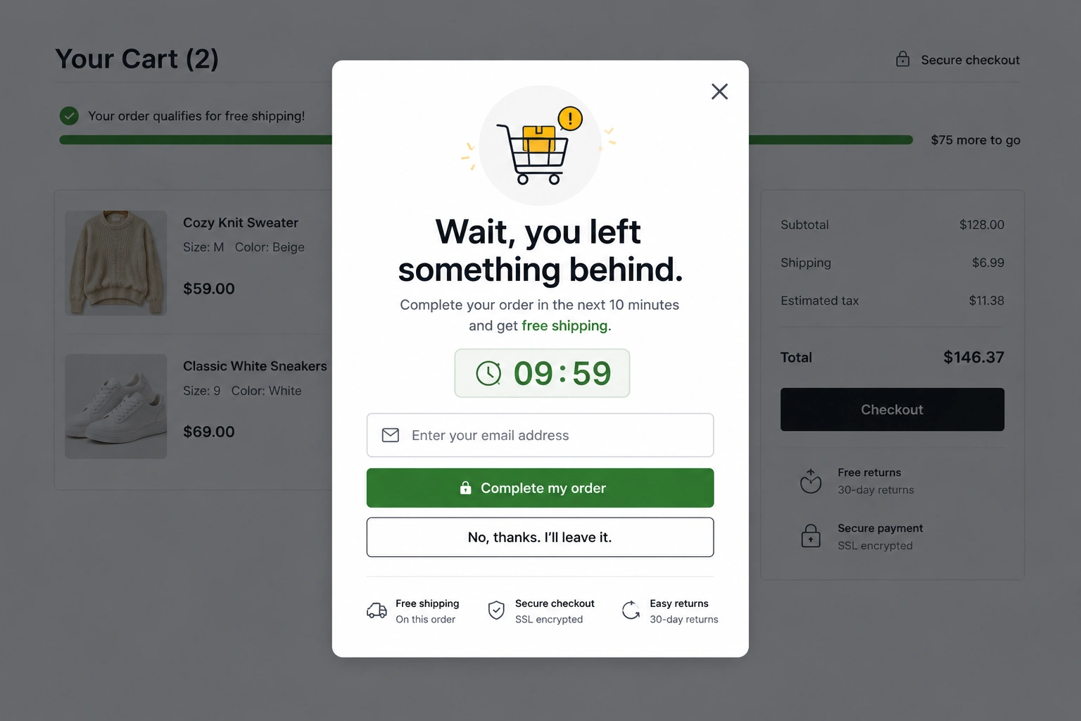 Cart abandonment popup with a countdown timer and free shipping offer