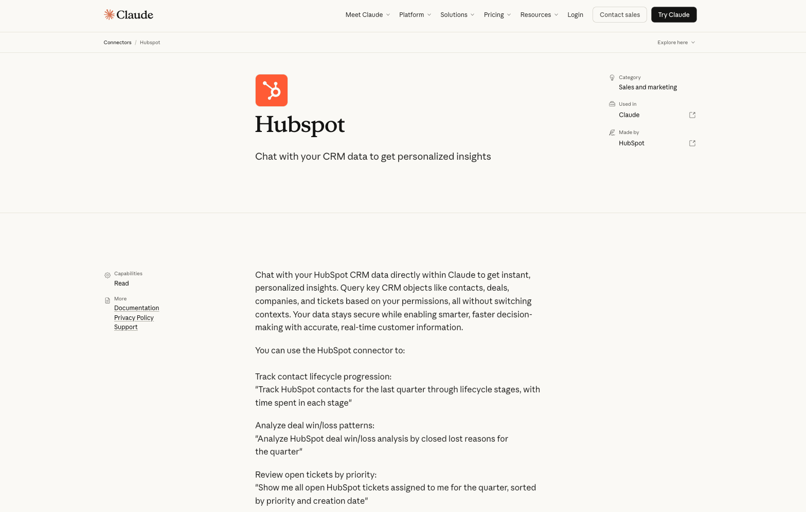 interface of the page for the hubspot connector for Claude