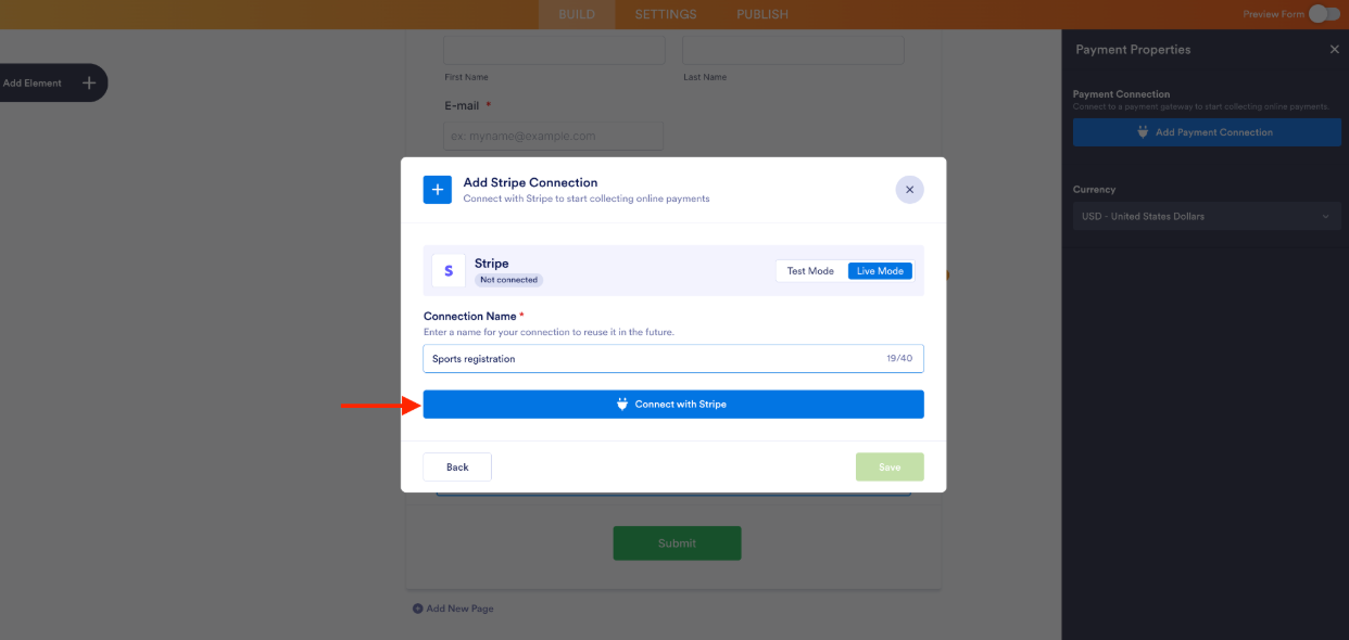 Clicking on the Connect with Stripe button in the Add Stripe Connection window