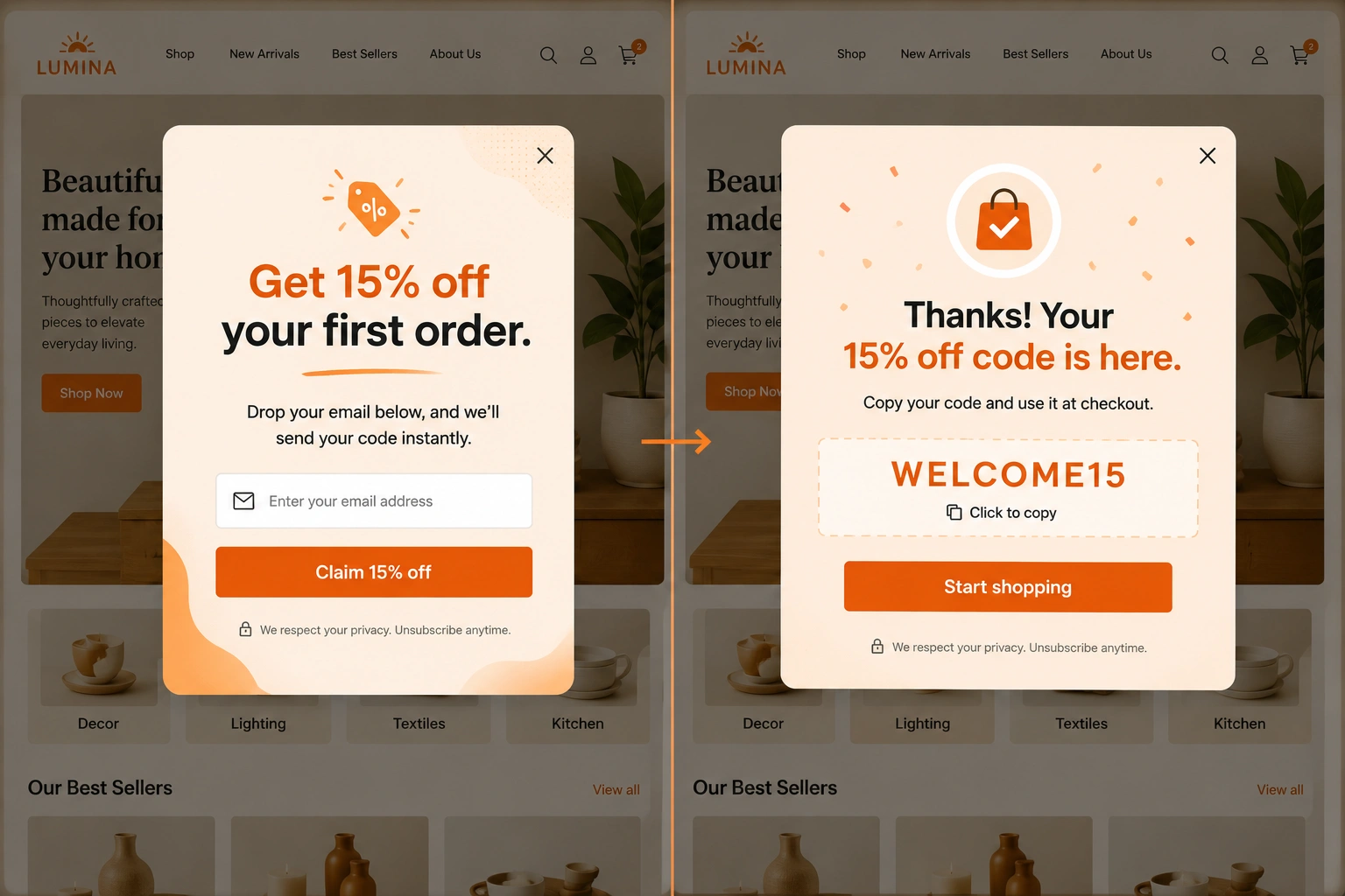 E-commerce discount popup offering 15 percent off a first order, followed by a thank-you screen with the code