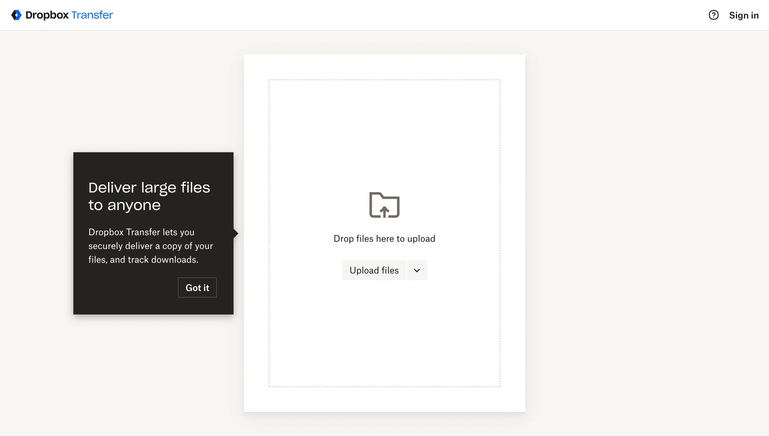 Dropbox Transfer upload page with drag-and-drop file upload box