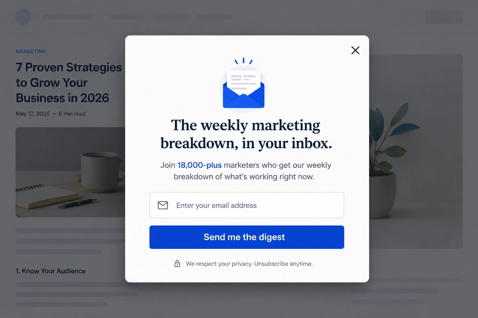 Email newsletter signup popup on a blog page offering weekly marketing tips