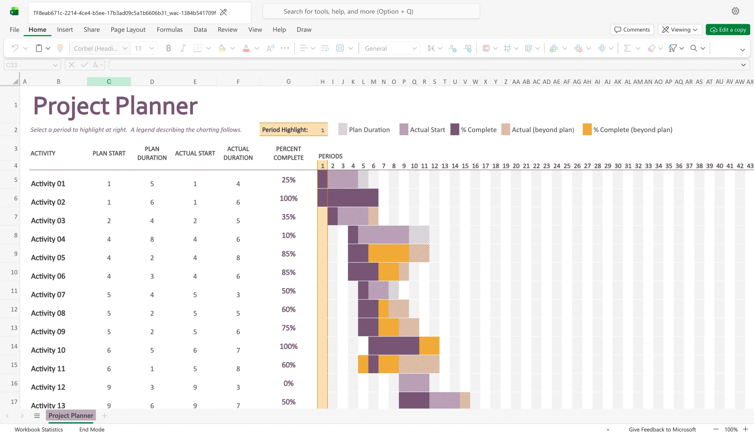 Microsoft Excel project planner template with a Gantt chart showing task timelines, progress, and schedule overlaps