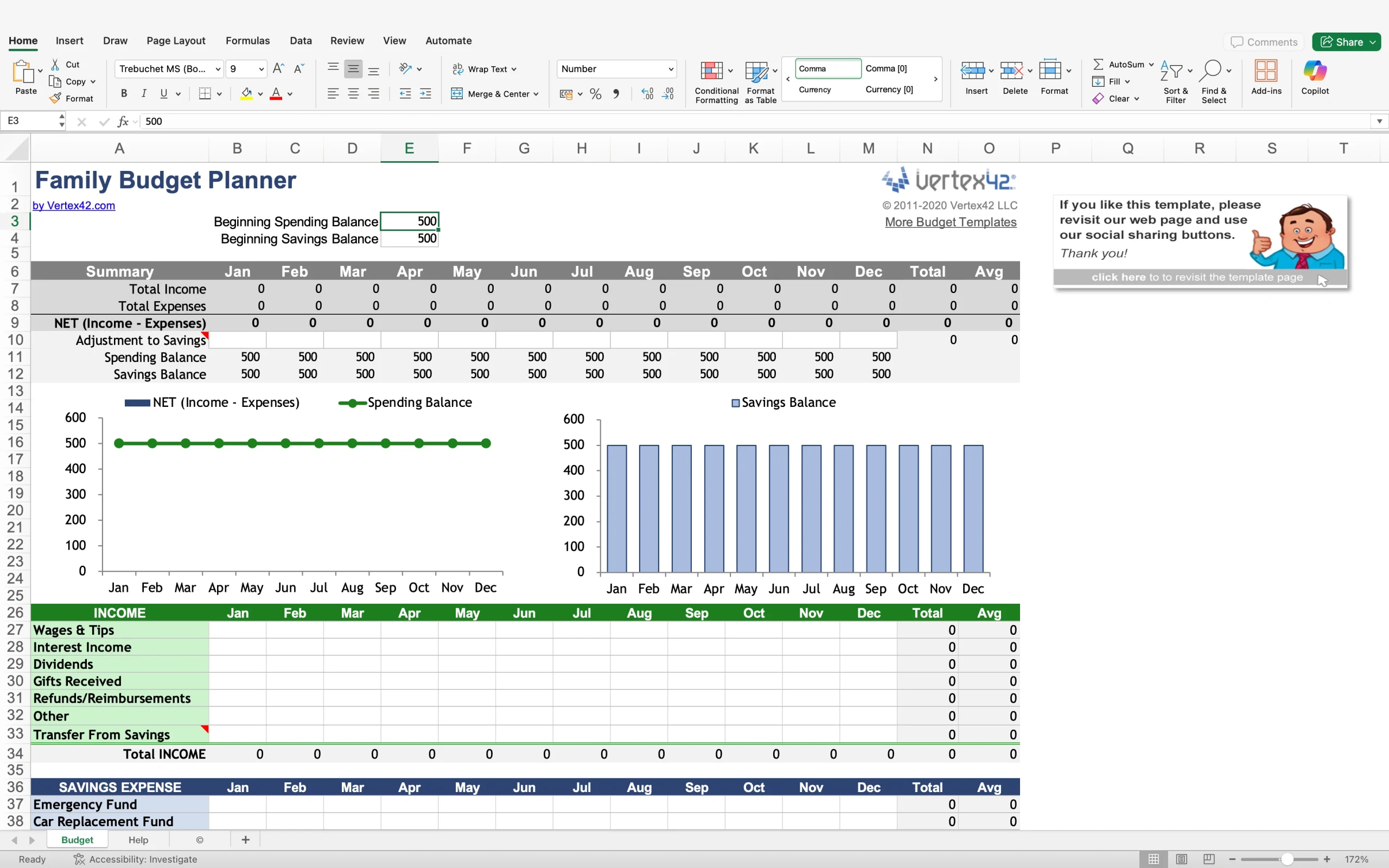 Excel family budget planner template showing monthly income, expenses, and budget comparison charts