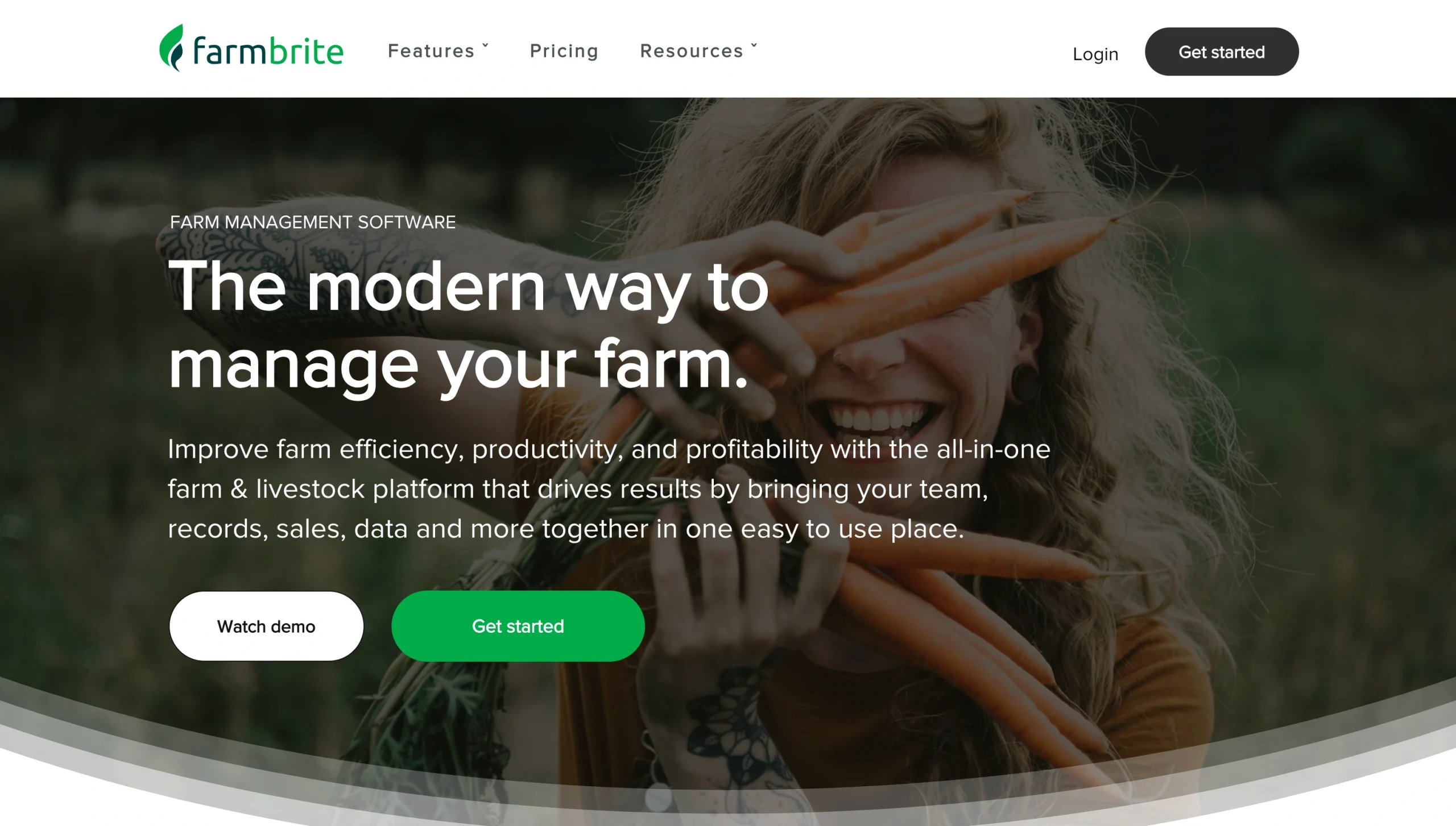 Screenshot of the Farmbrite landing page, showing a headline "The modern way to manage your farm