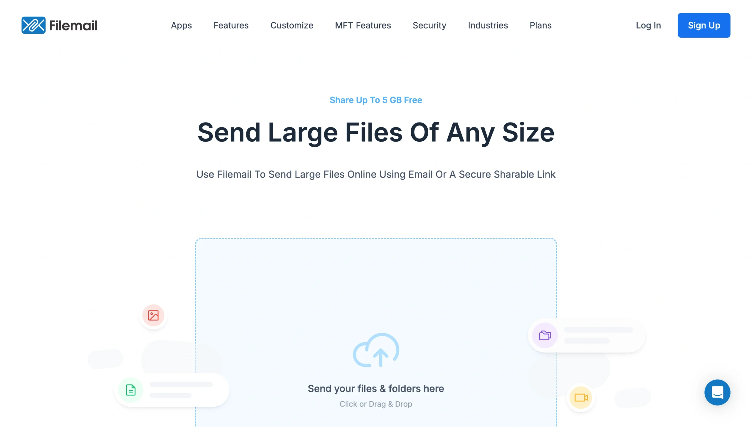 Filemail homepage with large file upload area