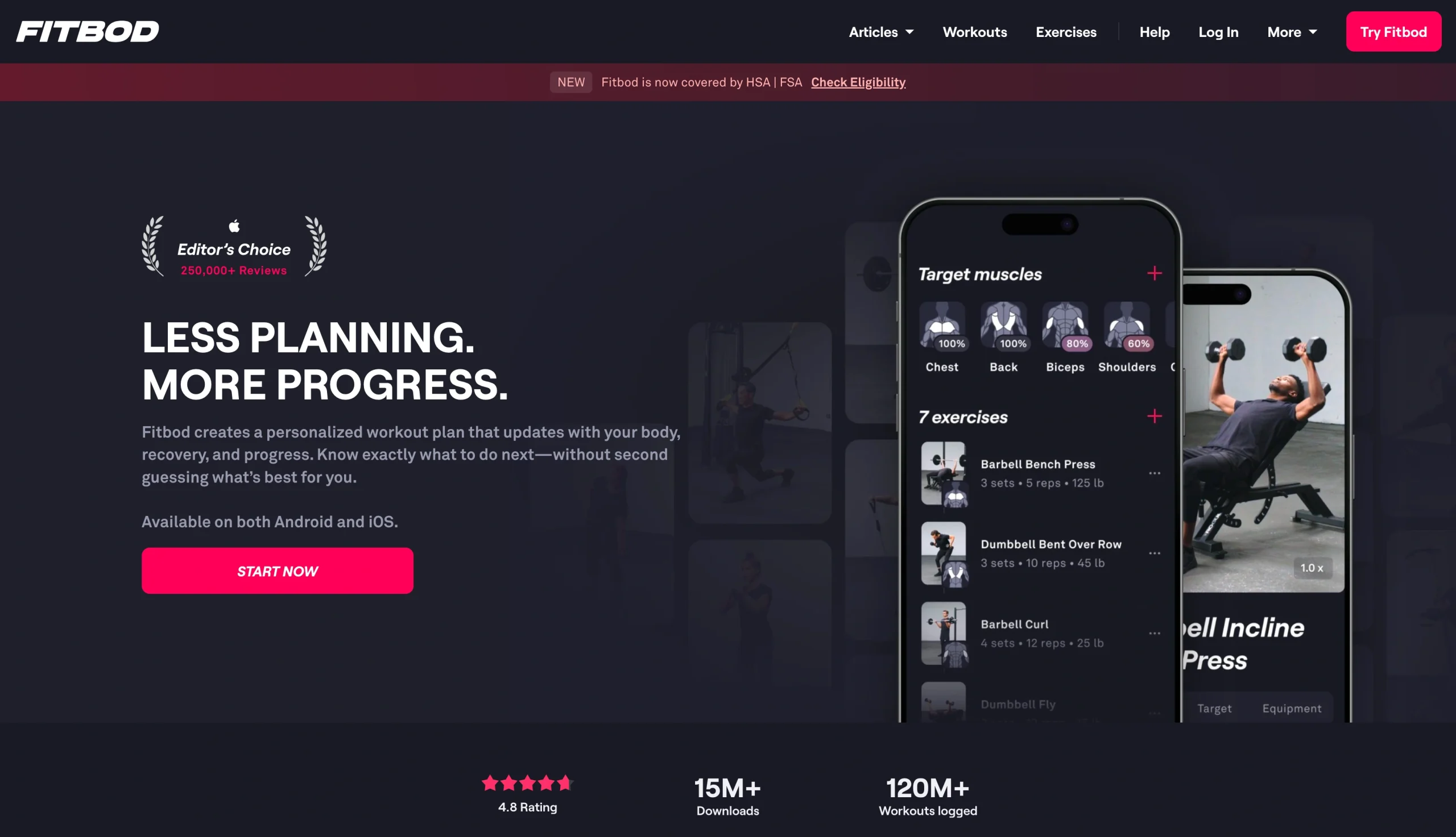 Screenshot of the Fitbod landing page, showing a headline "Less planning