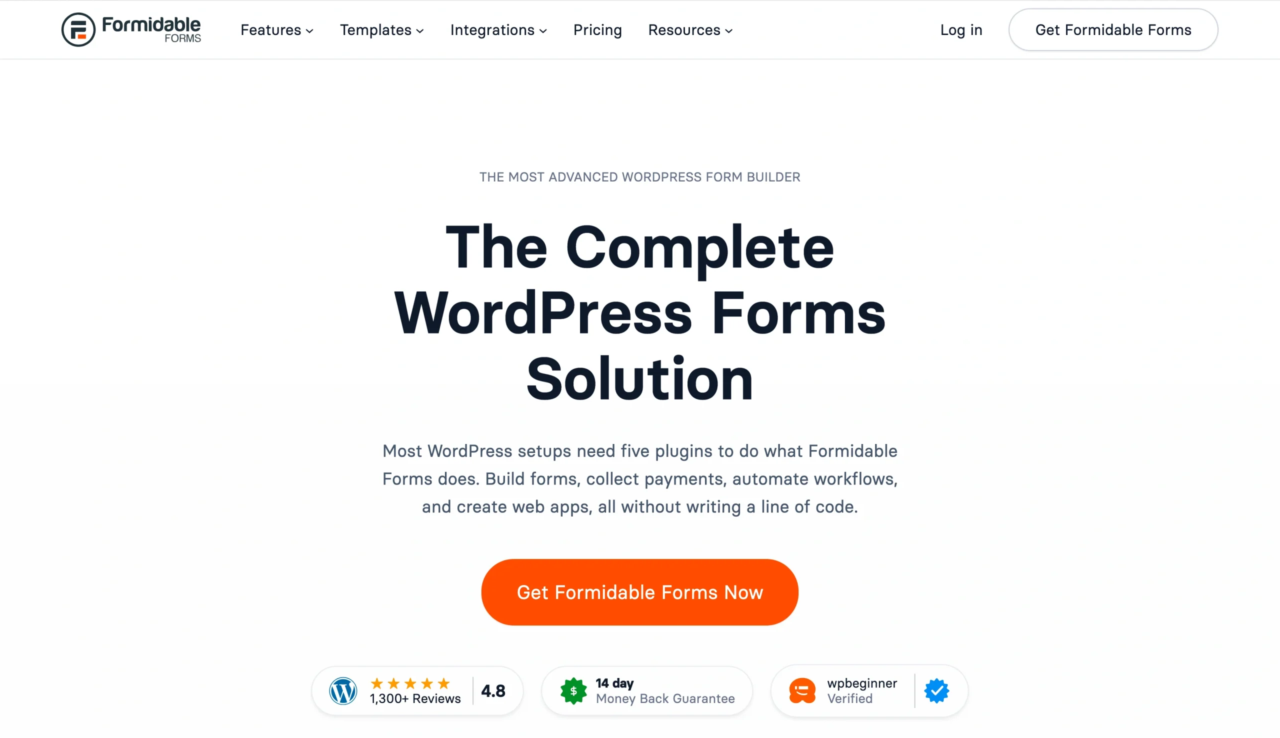 Screenshot of the Formidable Forms landing page, showing a headline "The Complete WordPress Forms Solution"
